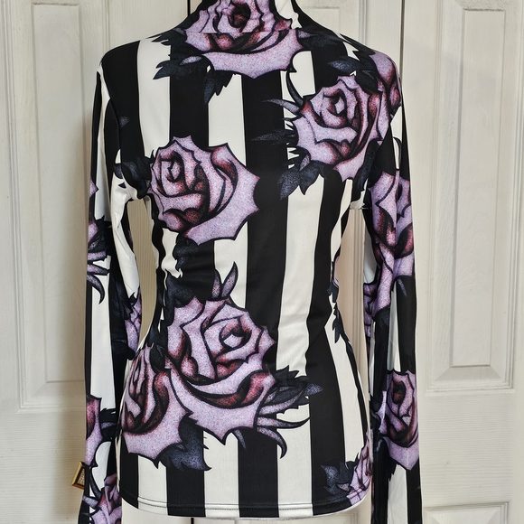 Dolls Kill Black and White Striped Top with Purple Roses - Picture 2 of 7